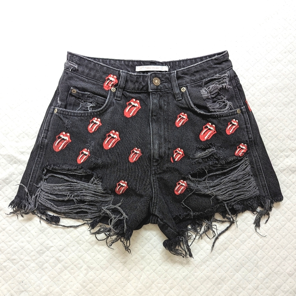 Zara Limited Edition Rolling Stones Distressed Black Shorts, size 6